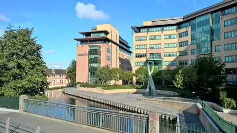 Accenture offices beside the Grand Canal in Dublin, the company name on the brick facade