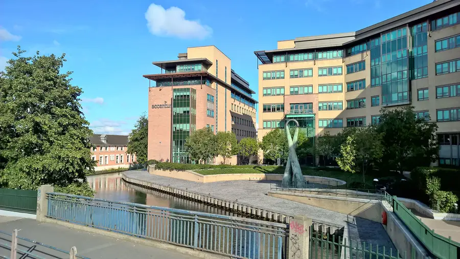 Accenture offices beside the Grand Canal in Dublin, the company name on the brick facade