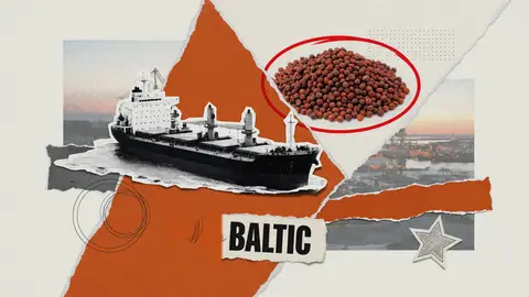 Split collage of a capesize bulk carrier and a heap of iron ore pellets for the Baltic Dry Index
