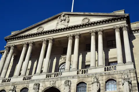 The Bank of England facade on Threadneedle Street, City of London