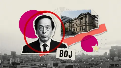 Collage of a suited official beside the stone facade of the Bank of Japan headquarters in Tokyo, with a torn-paper BOJ label.