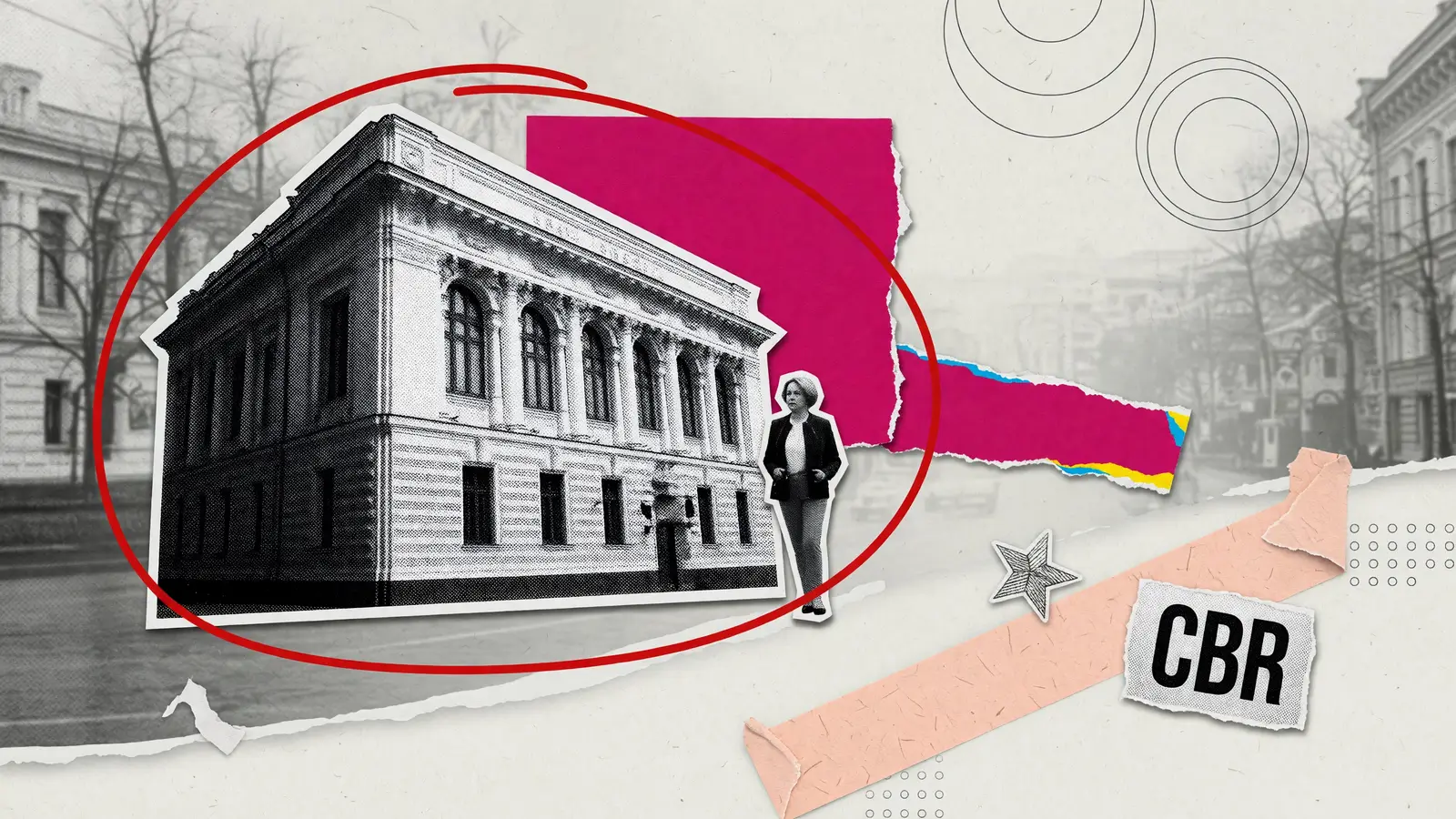 Paper-collage illustration of the Bank of Russia headquarters on Neglinnaya Street, drawn large in black-and-white halftone, with a small figure in a dark jacket and a CBR label.