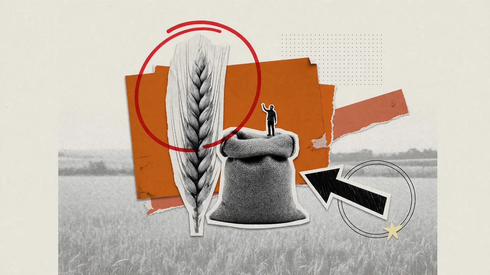 Paper collage of an enormous barley ear beside a small unmarked grain sack, with a small figure standing on the sack.