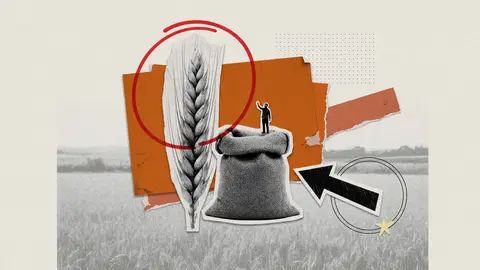 Paper collage of an enormous barley ear beside a small unmarked grain sack, with a small figure standing on the sack.