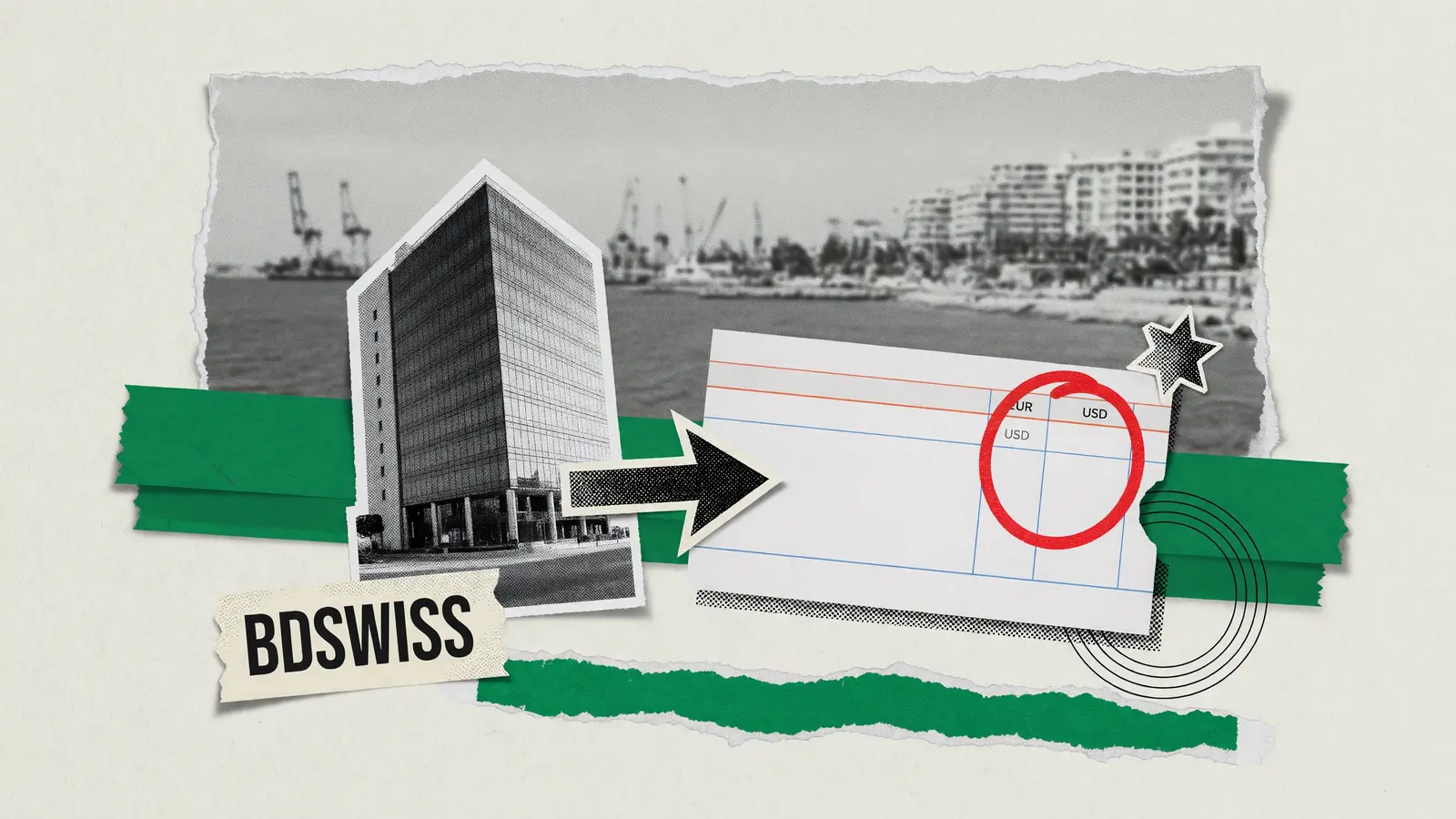 A glass office tower beside a blank EUR/USD dealing ticket, illustrated for BDSwiss