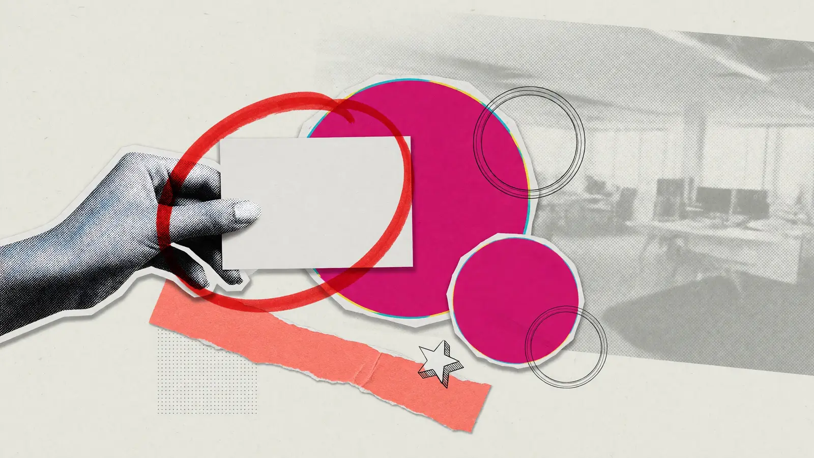 Cut-paper illustration of one halftone hand holding a blank card, with a red marker circle and magenta paper shapes, for a beat contract on an earnings beat contract.