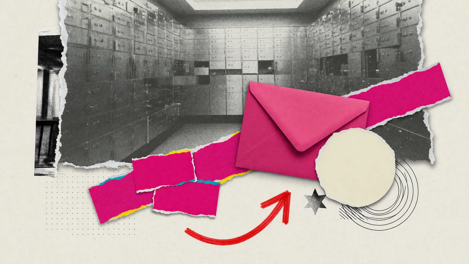 Cut-paper illustration of a blank coin and a closed envelope with one red arrow pointing up, for Binance withdrawals