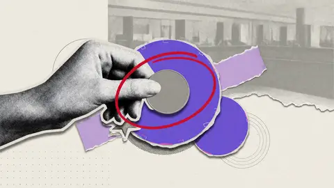 A halftone hand holding a blank coin against a violet paper circle, for the Bitcoin Cash price drop