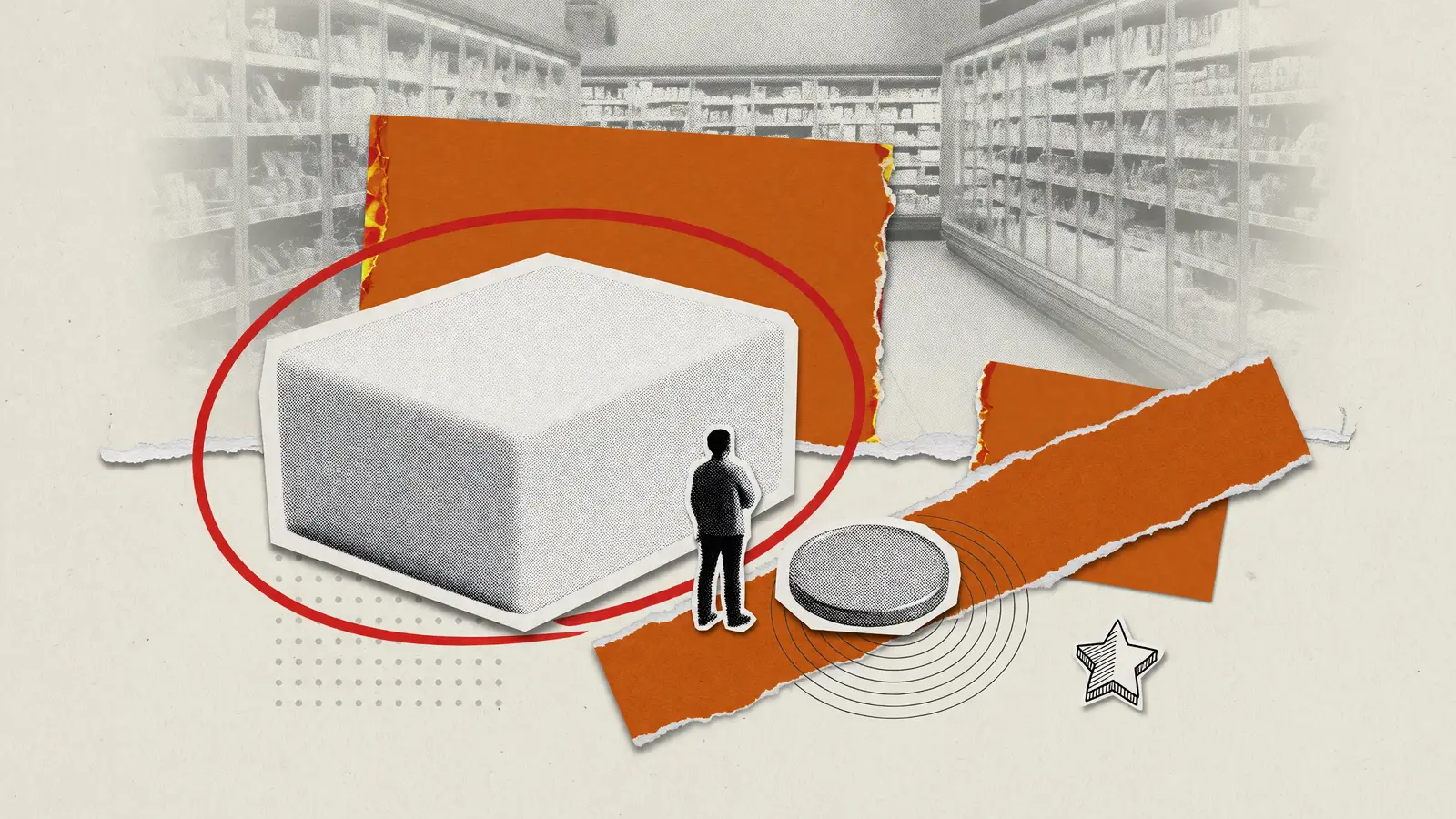 Paper-collage illustration of an enormous pale butter block circled in red, a tiny blank coin, and a small figure seen from behind, for butter futures.