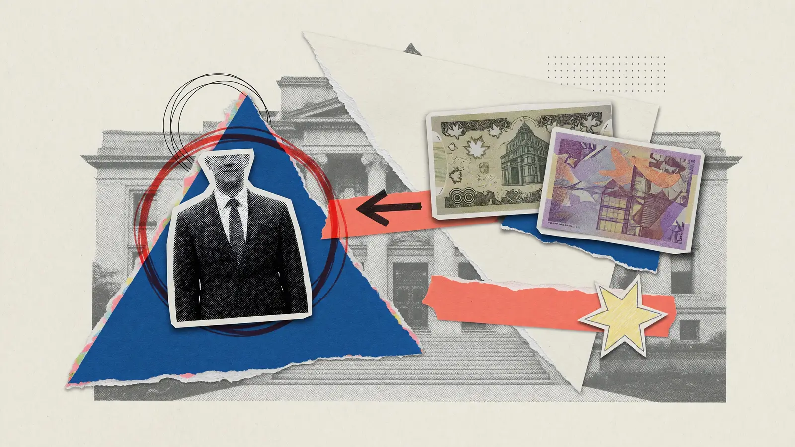 Paper collage of a suited figure beside a Canadian banknote and a Swiss banknote on a cobalt split, for CAD/CHF.