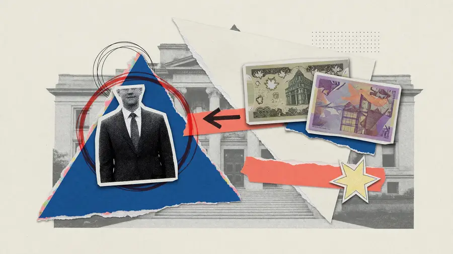 Paper collage of a suited figure beside a Canadian banknote and a Swiss banknote on a cobalt split, for CAD/CHF.