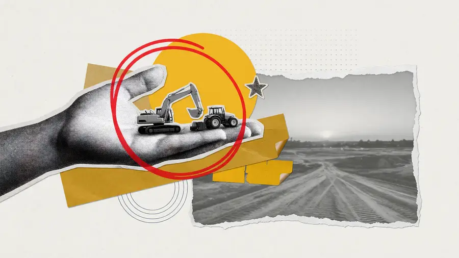 A hand holding a small generic excavator and a small generic tractor, an illustration for a comparison of Caterpillar and Deere.