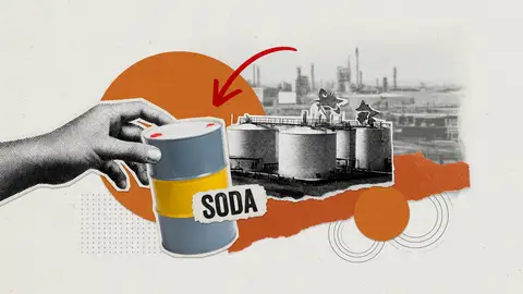 A halftone hand holds a coloured sealed industrial drum in front of a chemical tank farm, with a torn SODA label and one red arrow pointing down, for the caustic soda price drop.