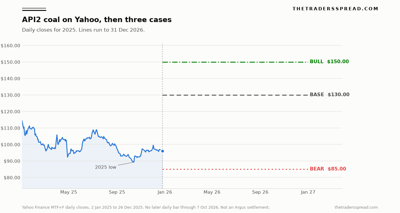 API2 coal Yahoo Finance daily closes for 2025, with bull, base and bear lines extended to 31 December 2026