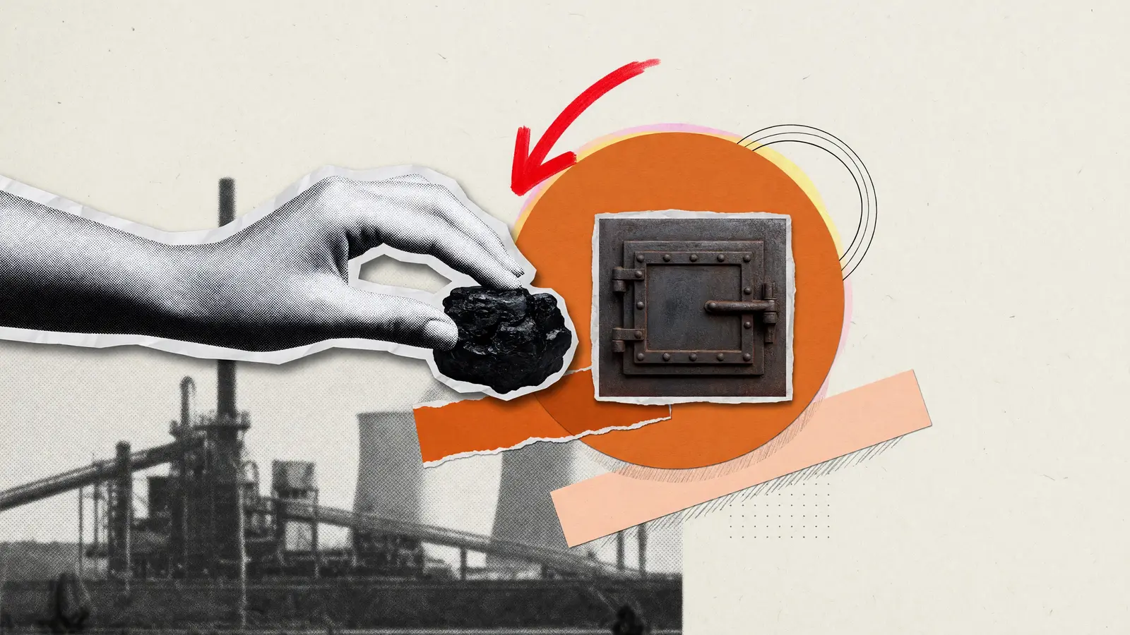 A hand sets a lump of coking coal beside a blank furnace door, with one red arrow pointing down