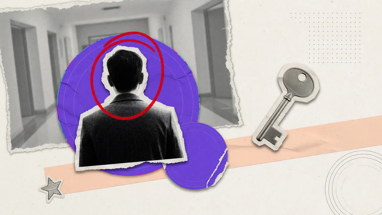 Paper-collage of an anonymous adult seen from behind beside a blank key, for a Compound explainer on how the borrow rate is set.