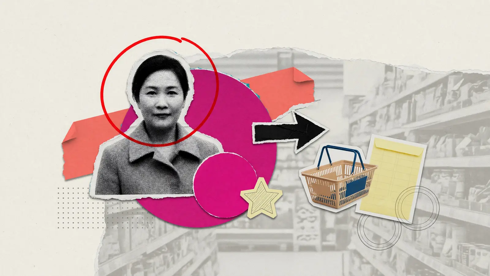 A shopper beside a household shopping basket and a blank statistics packet, illustrating Core PCE