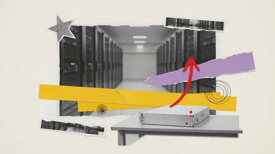 Illustration of a single blank server chassis on an empty desk, with one red arrow pointing up, for a CrowdStrike market note