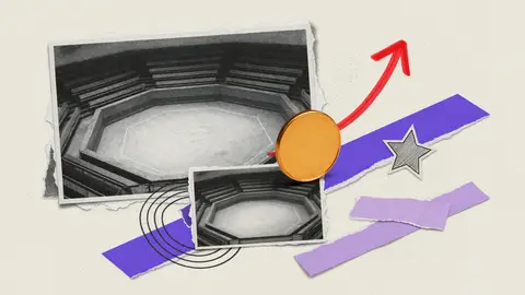 A plain unmarked coin on an empty trading pit, with one red arrow pointing up, for dYdX (DYDX).