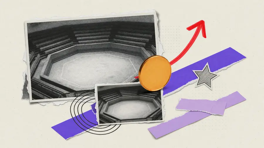 A plain unmarked coin on an empty trading pit, with one red arrow pointing up, for dYdX (DYDX).