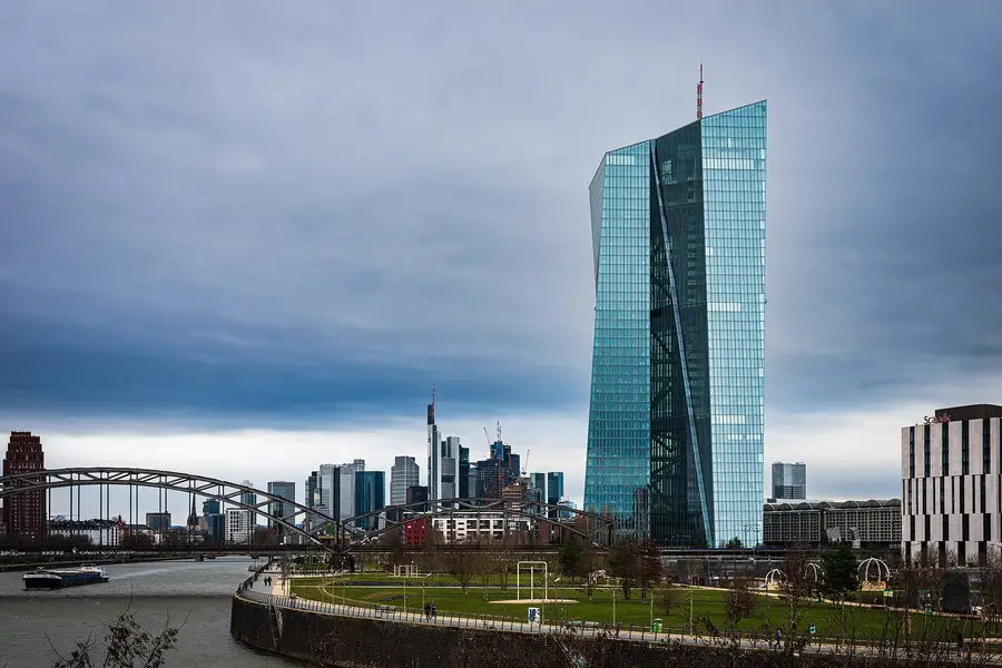 The European Central Bank tower beside the Main in Frankfurt, February 2023