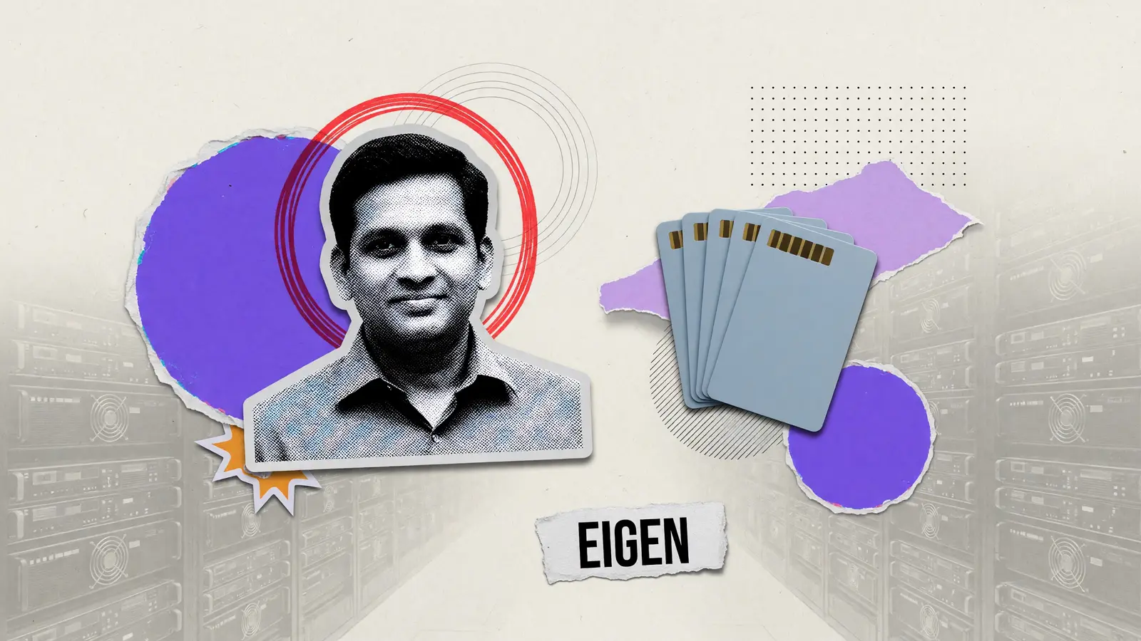 Paper-collage illustration for an EigenLayer explainer: a halftone portrait of a founder beside a stack of blank keycards, with one torn label reading EIGEN.