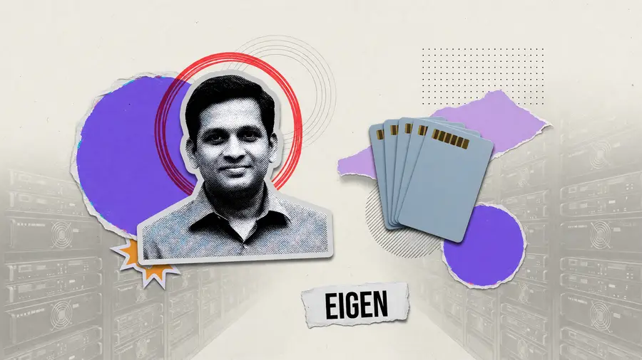 Paper-collage illustration for an EigenLayer explainer: a halftone portrait of a founder beside a stack of blank keycards, with one torn label reading EIGEN.