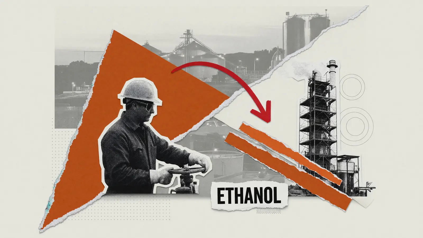 Illustration of a distillery operator in a hard hat beside a corn-ethanol plant stack, with the word ethanol and a downward arrow.