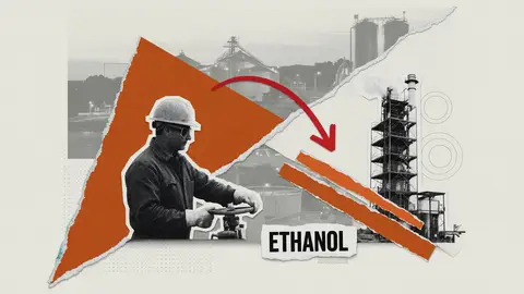 Illustration of a distillery operator in a hard hat beside a corn-ethanol plant stack, with the word ethanol and a downward arrow.