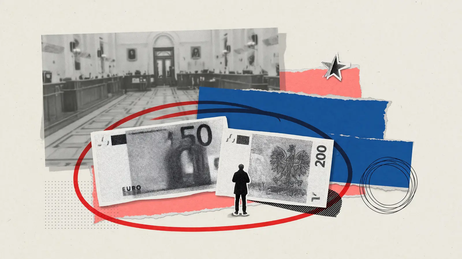 A euro banknote and a Polish zloty banknote, with a small standing figure and one red circle, for the EUR/PLN forecast.