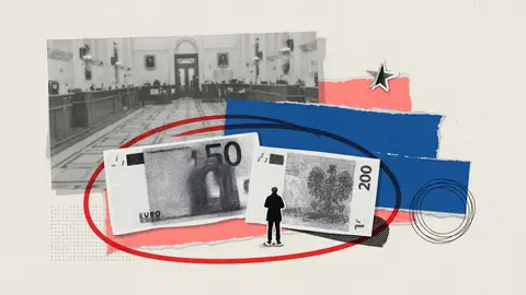 A euro banknote and a Polish zloty banknote, with a small standing figure and one red circle, for the EUR/PLN forecast.