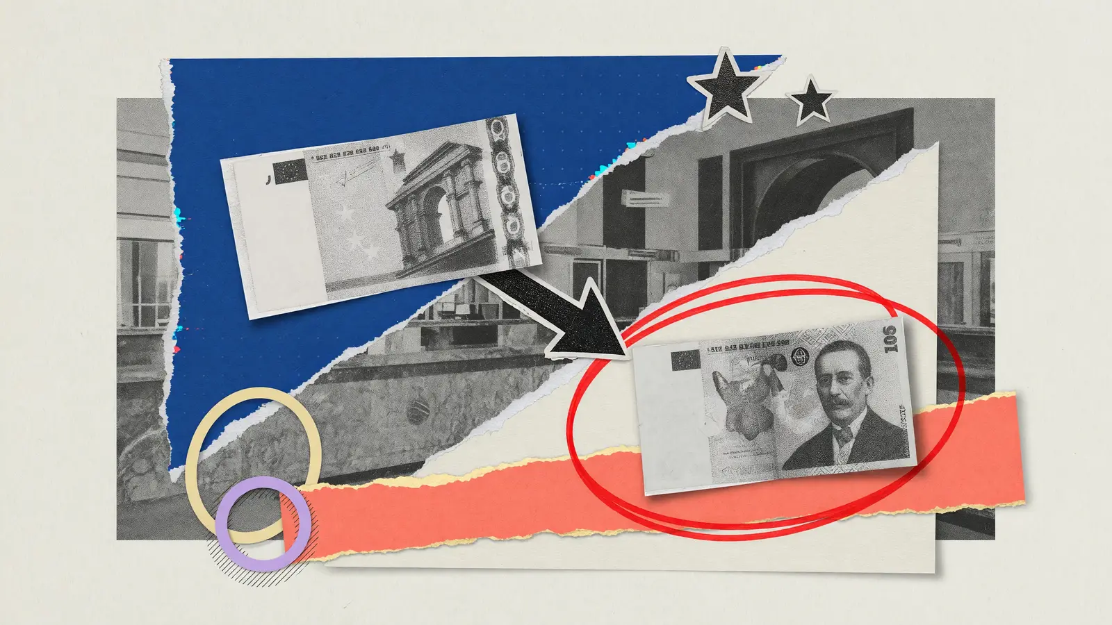 Split collage of a euro banknote and a Romanian leu banknote, for EUR/RON against USD/RON