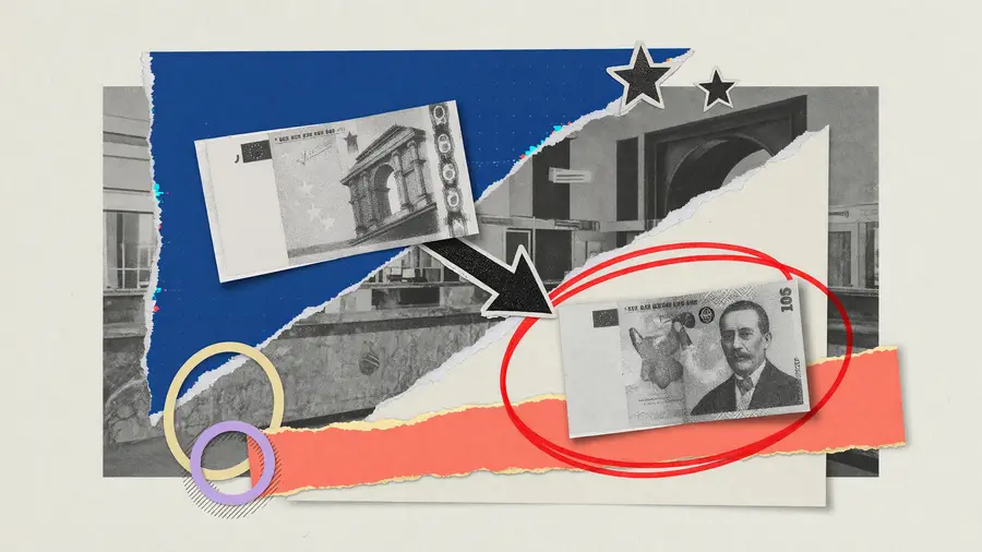 Split collage of a euro banknote and a Romanian leu banknote, for EUR/RON against USD/RON