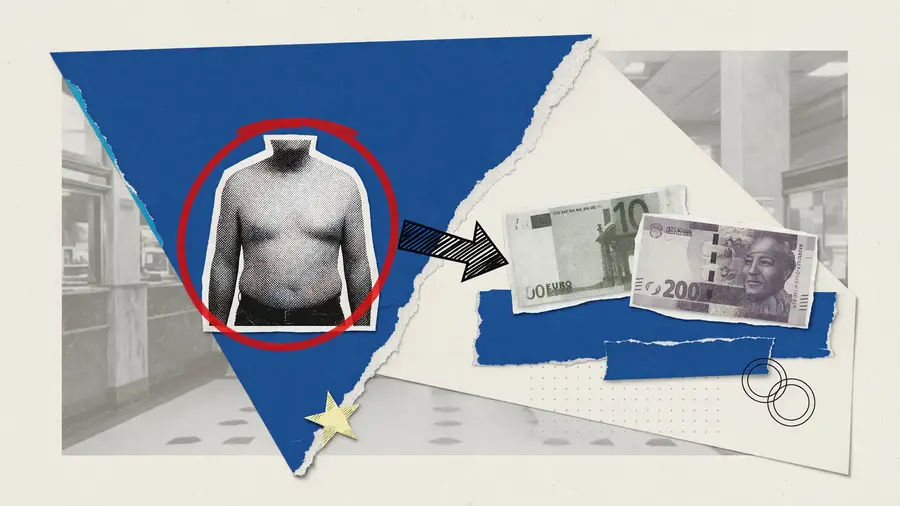 Torn-paper collage with a euro note, a rand note and a halftone figure, for EUR/ZAR.