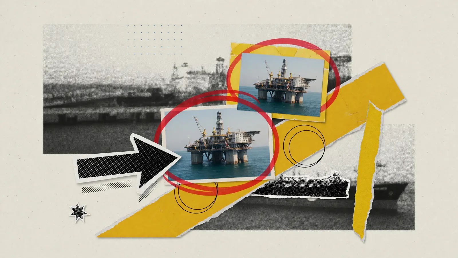 Two photographs of an unmarked offshore platform in open water, circled in red on a mustard paper collage for an Exxon share scenario