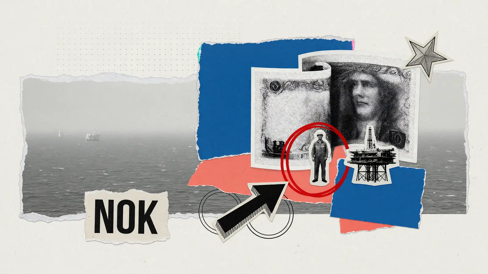 Paper collage of a North Sea platform and banknotes for the GBP/NOK forecast