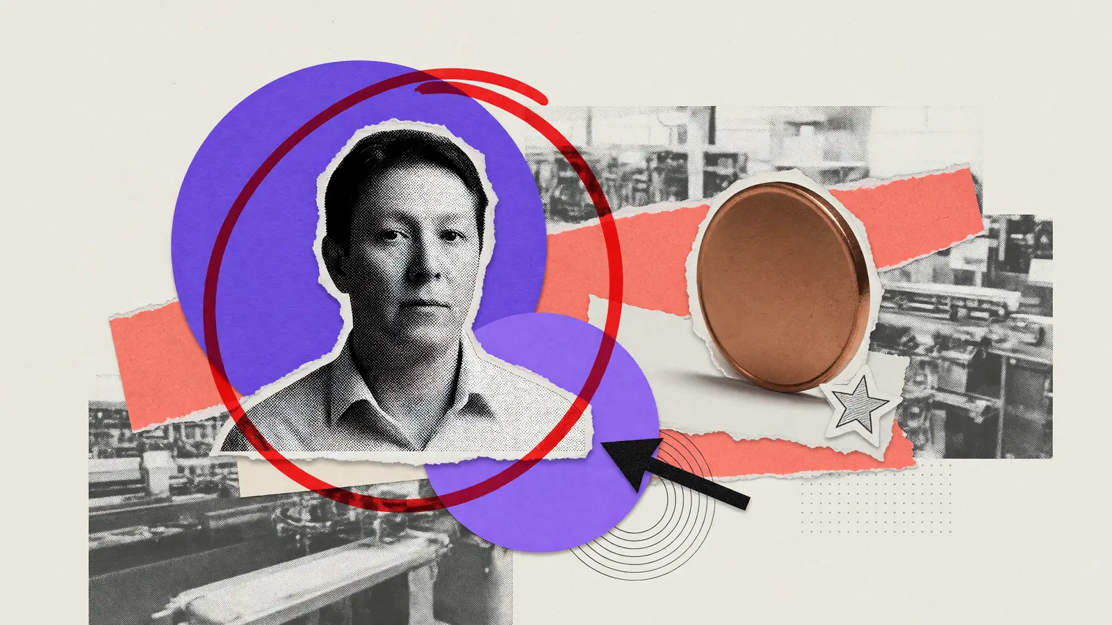 Halftone portrait and a blank coin lying flat on torn paper, an illustration for the GMX token
