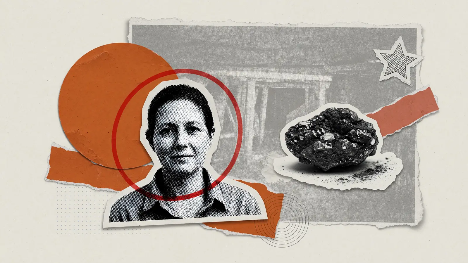 Illustration of a halftone portrait beside a dark flaky lump of graphite ore, representing graphite