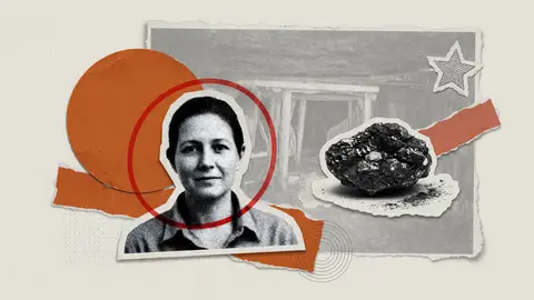 Illustration of a halftone portrait beside a dark flaky lump of graphite ore, representing graphite