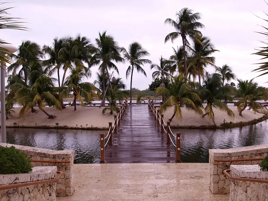 Boardwalk and palms at Camana Bay, George Town, Grand Cayman, photographed in December 2010
