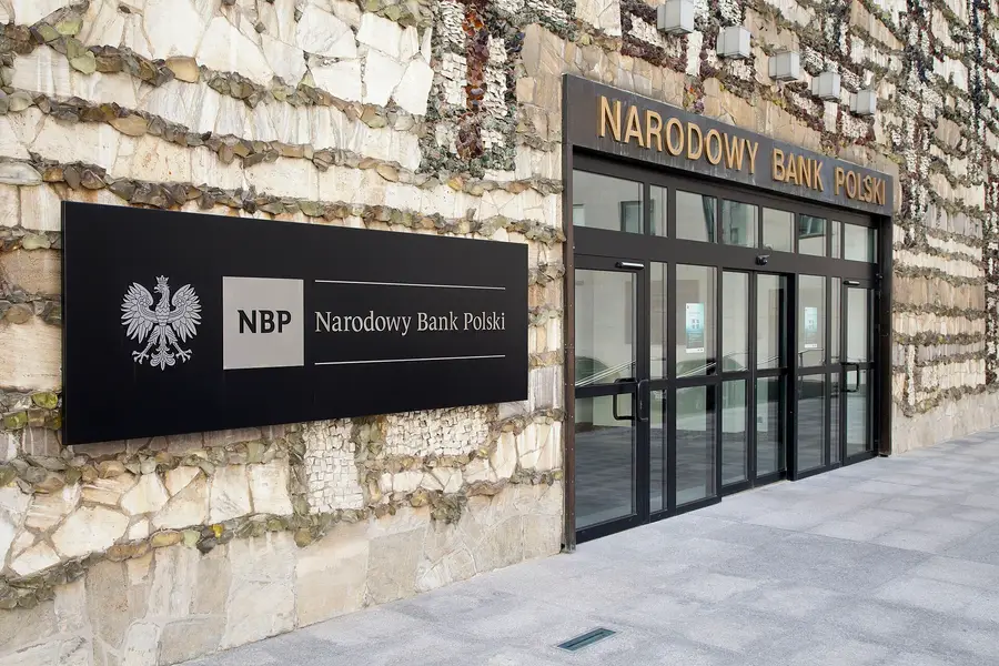 Entrance to the National Bank of Poland headquarters in Warsaw
