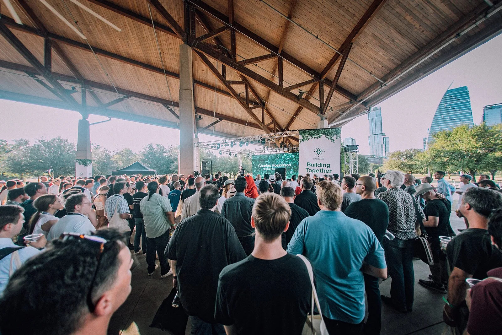 Attendees gathered around the Cardano Building Together stage at Consensus 2022 in Austin Texas