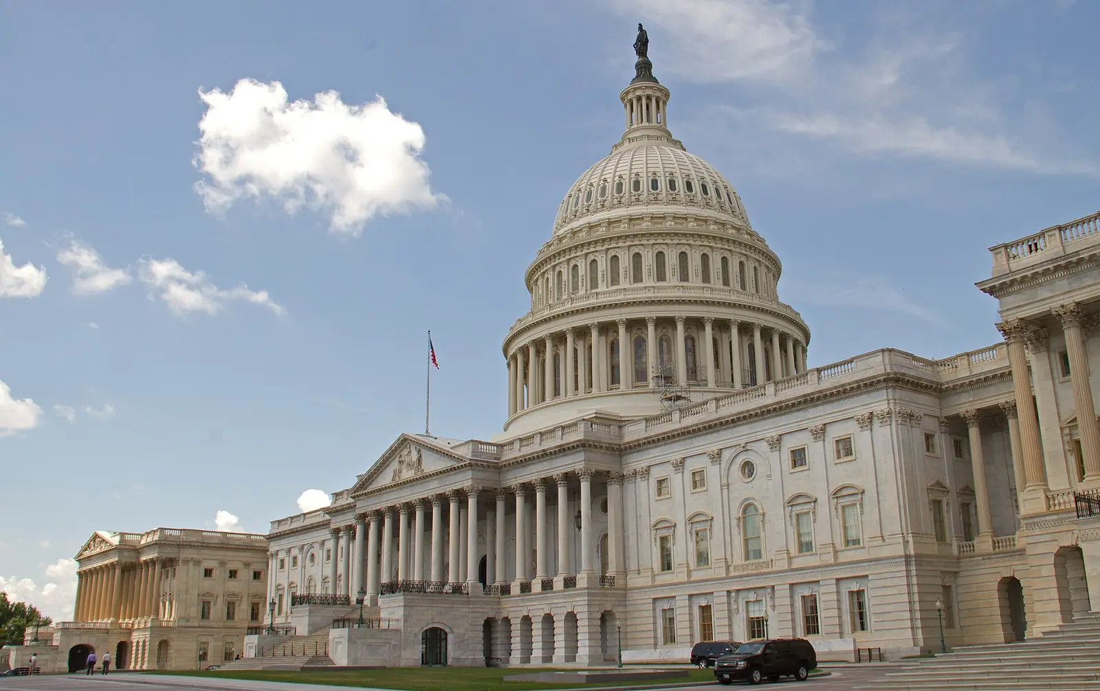 The east front of the United States Capitol, with the House of Representatives wing on the left