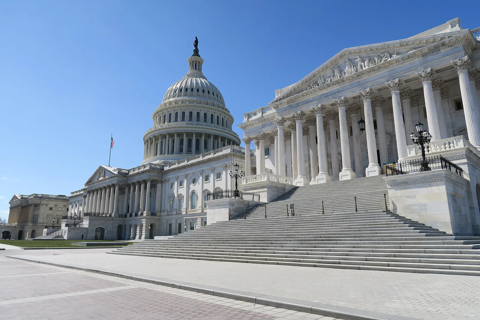 The East Front of the United States Capitol, with the Senate wing and the East Senate Entrance steps on the right