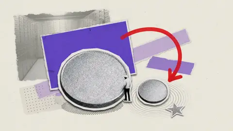 A large blank coin beside a much smaller blank coin, with a small figure and one red arrow pointing down, illustrating Initia.