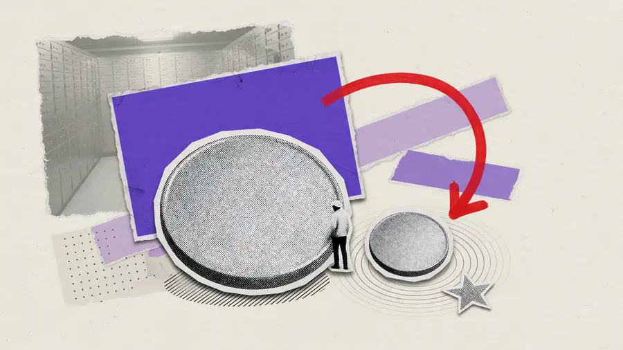 A large blank coin beside a much smaller blank coin, with a small figure and one red arrow pointing down, illustrating Initia.