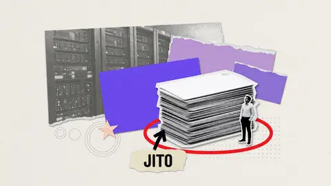 A paper-collage illustration of a small figure beside an oversized stack of blank keycards, labeled Jito, for a guide to how a Jito tip reaches a validator.