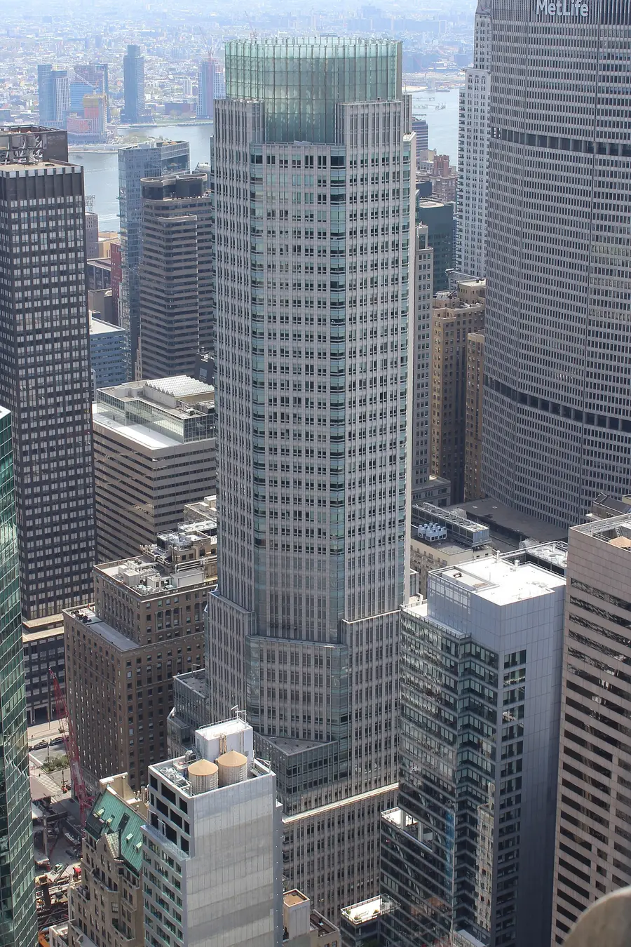 383 Madison Avenue, the JPMorgan Chase tower in Midtown, photographed from 30 Rockefeller Plaza in April 2021