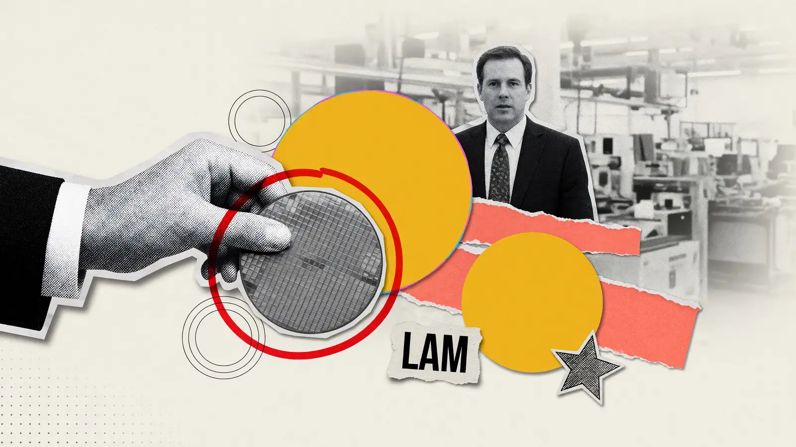Paper collage of a halftone hand holding a silicon wafer beside a man in a dark suit, with a mustard circle and a LAM label, for a Lam Research earnings guide