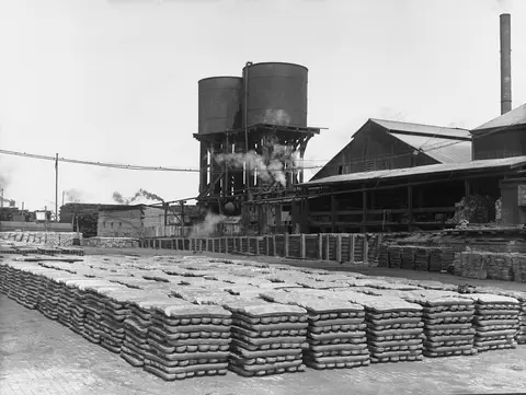 Stacks of lead ingots in the smelter yard at Port Pirie, South Australia, beside the wharf